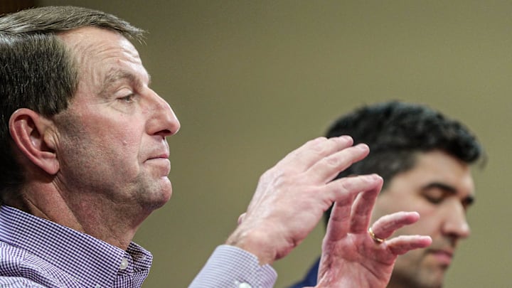Clemson football Head Coach Dabo Swinney speaks about transfer portal issues during a press conference in the Smart Family Media Center in Clemson, SC, Friday, Jan 23 2026. Clemson football Head Coach Dabo Swinney speaks about transfer portal issues during a press conference in the Smart Family Media Center in Clemson, SC, Friday, Jan 23 2026.