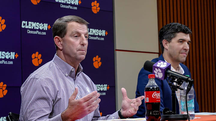 Clemson football Head Coach Dabo Swinney details events of transfer portal Luke Ferrelli and “tampering” with signed players, next to Atheletic Director Graham Neff during a press conference in the Smart Family Media Center in Clemson, SC, Friday, Jan 23 2026. Clemson football Head Coach Dabo Swinney details events of transfer portal Luke Ferrelli and “tampering” with signed players, next to Atheletic Director Graham Neff during a press conference in the Smart Family Media Center in Clemson, SC, Friday, Jan 23 2026.