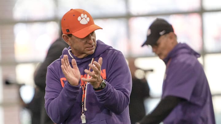 Clemson head coach Dabo Swinney during the first Spring football practice open to media in Clemson, SC Friday, Feb 27, 2026.