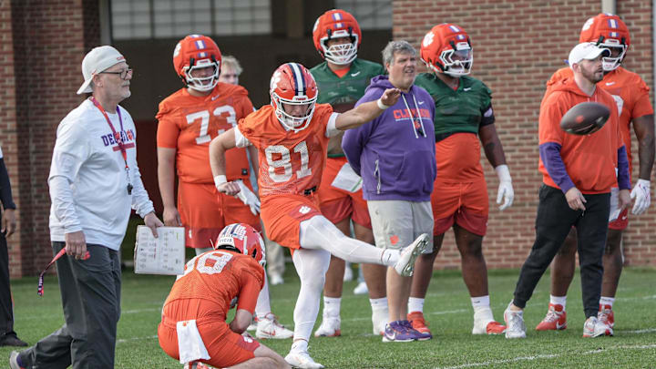 Clemson kicker Nolan Hauser (81) during the first Spring football practice open to media in Clemson, SC Friday, Feb 27, 2026.