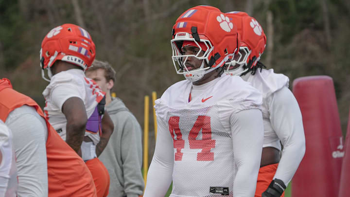 Clemson defensive tackle Kourtney Kelly (44) during the first Spring football practice open to media in Clemson, SC Friday, Feb 27, 2026.