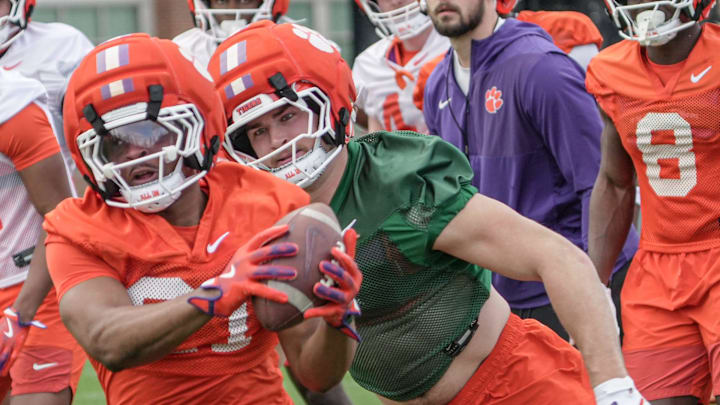 Clemson linebacker Sammy Brown (47) chases Clemson running back Jarvis Green (21) during the first Spring football practice open to media in Clemson, SC Friday, Feb 27, 2026.