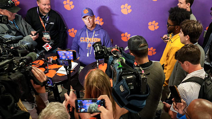 Clemson head coach Dabo Swinney talks with media after the annnual Clemson Orange and White spring game at Memorial Stadium in Clemson, South Carolina Saturday, March 28, 2026.