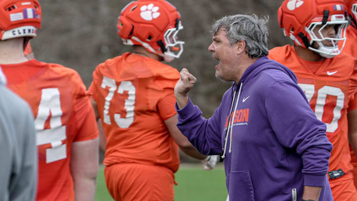 Clemson offensive line coach Matt Luke during the first Spring football practice open to media in Clemson, SC Friday, Feb 27, 2026.