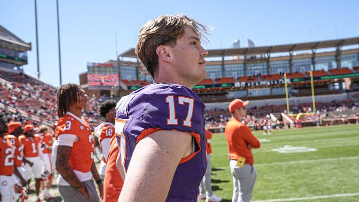 Clemson quarterback Christopher Vizzina (17) during the fourth quarter at the annnual Clemson Orange and White spring game at Memorial Stadium in Clemson, South Carolina Saturday, March 28, 2026.