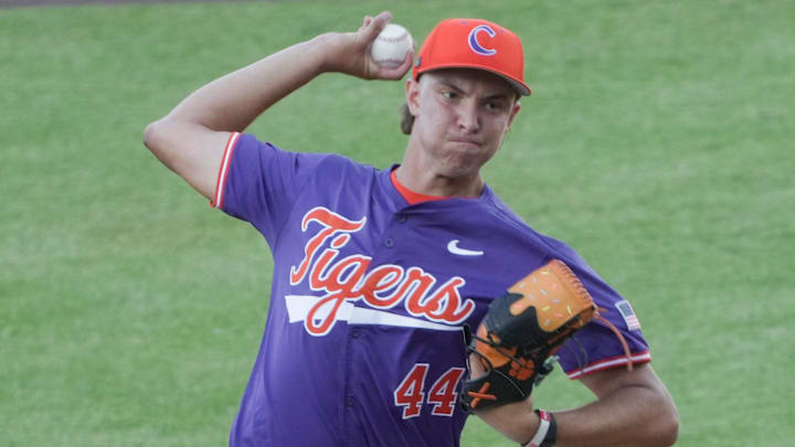 Clemson pitcher Dylan Harrison (44) pitches to USC Upstate during the bottom of the second inning at Fifth Third Bank Park in Spartanburg, S.C. Tuesday, May 12, 2026.