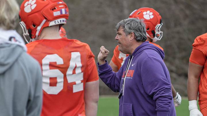 Clemson offensive line coach Matt Luke during the first Spring football practice open to media in Clemson, SC Friday, Feb 27, 2026. Clemson offensive line coach Matt Luke during the first Spring football practice open to media in Clemson, SC Friday, Feb 27, 2026.