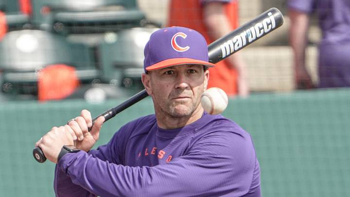 Clemson Head Coach Erik Bakich hits to infielder before the game with the University of South Carolina at Doug Kingsmore Stadium in Clemson, S.C. Sunday, March 1, 2026. Clemson Head Coach Erik Bakich hits to infielder before the game with the University of South Carolina at Doug Kingsmore Stadium in Clemson, S.C. Sunday, March 1, 2026.