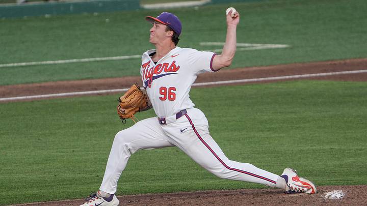 Clemson pitcher Talan Bell (96) pitches against USC Upstate during the top of the second inning at Doug Kingsmore Stadium in Clemson, S.C. Tuesday, April 21, 2026. Clemson pitcher Talan Bell (96) pitches against USC Upstate during the top of the second inning at Doug Kingsmore Stadium in Clemson, S.C. Tuesday, April 21, 2026.