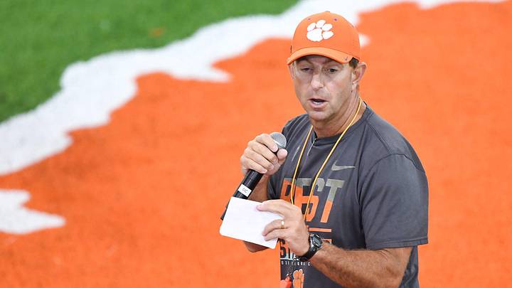 Clemson head coach Dabo Swinney talks to over 500 campers from 32 states during his football camp in Clemson, S.C. Tuesday, June 3, 2025. Clemson head coach Dabo Swinney talks to over 500 campers from 32 states during his football camp in Clemson, S.C. Tuesday, June 3, 2025.