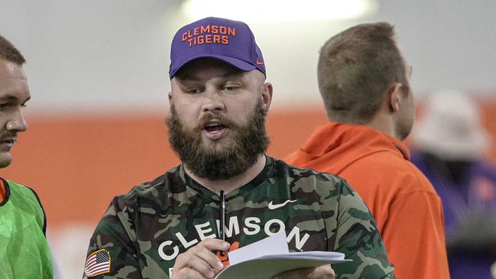 Clemson linebackers coach Ben Boulware during the first Spring football practice open to media in Clemson, SC Friday, Feb 27, 2026.