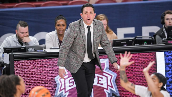 Mar 1, 2023; Greenville, SC, USA; Mississippi State Coach Sam Purcell watches action with Texas