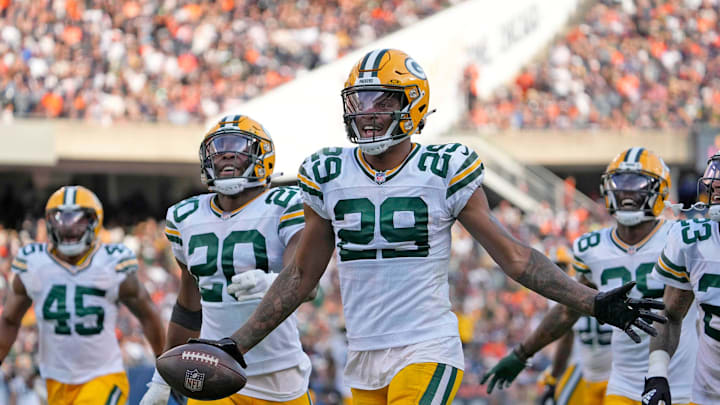 Green Bay Packers cornerback Rasul Douglas (29) celebrates a fumble recovery during second half of their game against the Chicago Bears on Sunday, Sept. 10, 2023 at Soldier Field in Chicago.