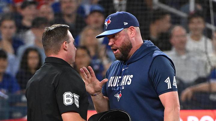 Jun 14, 2026; Toronto, Ontario, CAN; Toronto Blue Jays manager John Schneider argues a balk call with home plate umpire Steven Jaschinski (65) in the eighth inning against the New York Yankees at Rogers Centre. Mandatory Credit: Gerry Angus-Imagn Images Jun 14, 2026; Toronto, Ontario, CAN; Toronto Blue Jays manager John Schneider argues a balk call with home plate umpire Steven Jaschinski (65) in the eighth inning against the New York Yankees at Rogers Centre. Mandatory Credit: Gerry Angus-Imagn Images