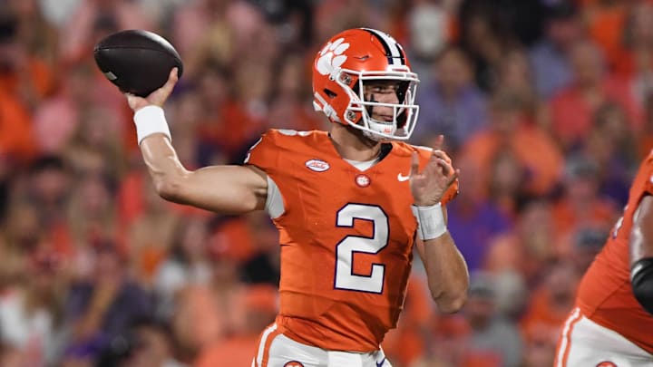 Sep 16, 2023; Clemson, South Carolina; Clemson quarterback Cade Klubnik (2) passes during the first