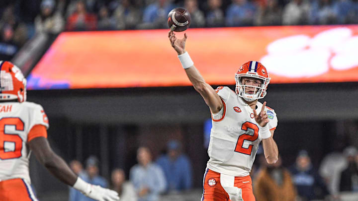 Clemson quarterback Cade Klubnik (2) passes against North Carolina during the first quarter of the