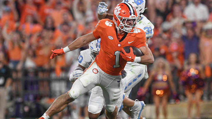 Nov 18, 2023; Clemson, South Carolina, USA; Clemson Tigers running back Will Shipley (1) runs the