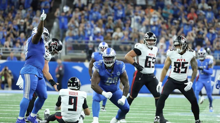 Detroit Lions defensive tackle Benito Jones (94) sacks Atlanta Falcons quarterback Desmond Ridder
