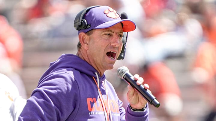 Clemson head coach Dabo Swinney during the first half at the annnual Clemson Orange and White spring game at Memorial Stadium in Clemson, South Carolina Saturday, March 28, 2026.
