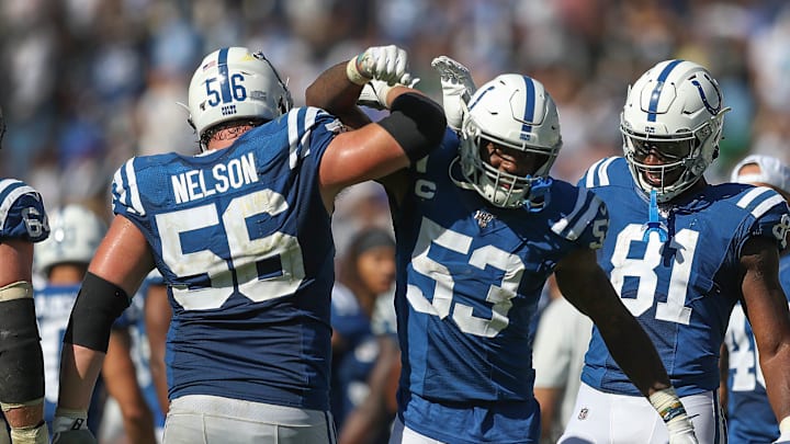 Indianapolis Colts outside linebacker Shaquille Leonard (53) celebrated with linebacker Quenton Nelson