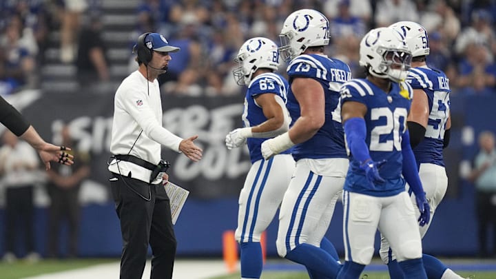 Oct 1, 2023; Indianapolis, Indiana, USA; Indianapolis Colts head coach Shane Steichen works up