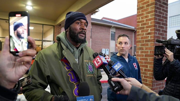 Former Indianapolis Colts linebacker Shaquille Leonard talks to media after he was released by the