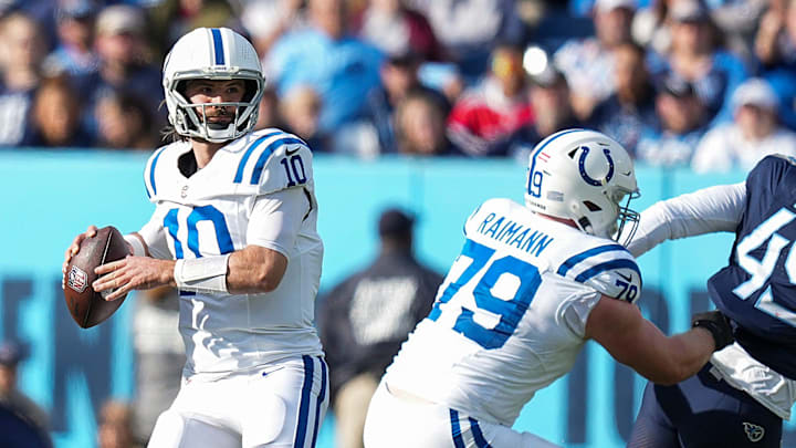 Indianapolis Colts quarterback Gardner Minshew II (10) makes a pass Sunday, Dec. 3, 2023, at Nissan Stadium
