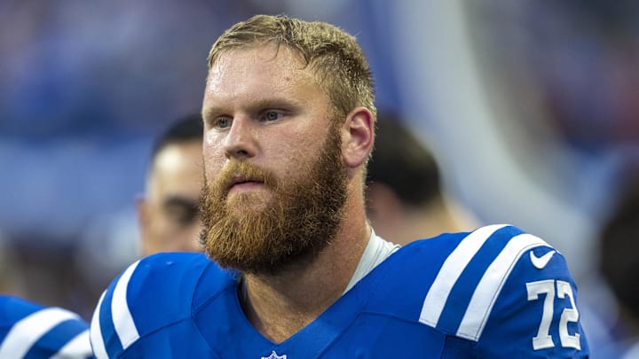 Indianapolis Colts offensive tackle Braden Smith looks on