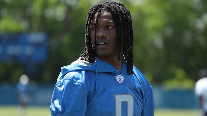 Lions wide receiver Jameson Williams walks off the field after OTAs on Thursday, May 25, 2023, in