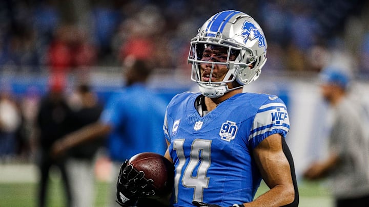 Detroit Lions wide receiver Amon-Ra St. Brown (14) warms up before the Atlanta Falcons game at Ford