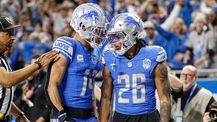 Detroit Lions running back Jahmyr Gibbs (26) celebrates.