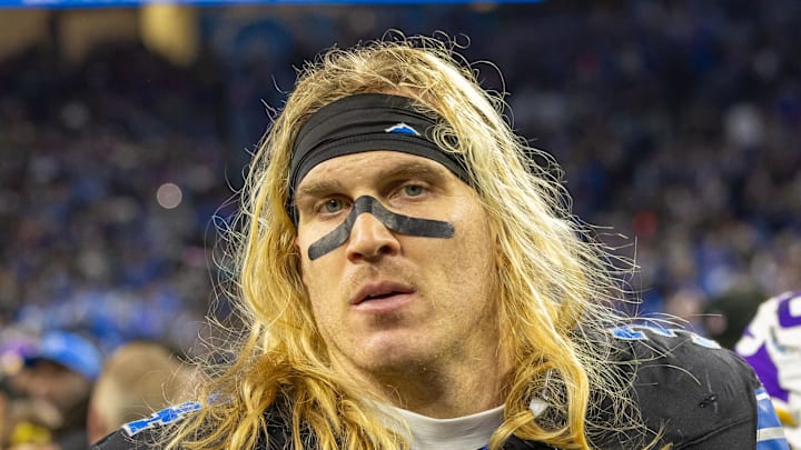 Jan 5, 2025; Detroit, Michigan, USA; Detroit Lions linebacker Alex Anzalone (34) after the game against the Minnesota Vikings at Ford Field. Mandatory Credit: David Reginek-Imagn Images