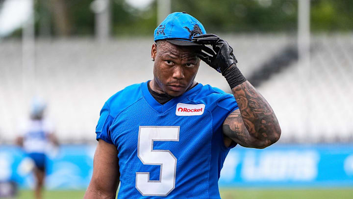 Detroit Lions running back David Montgomery (5) walks off the field after practice during training camp at Meijer Performance Center in Allen Park on Sunday, July 20, 2025.