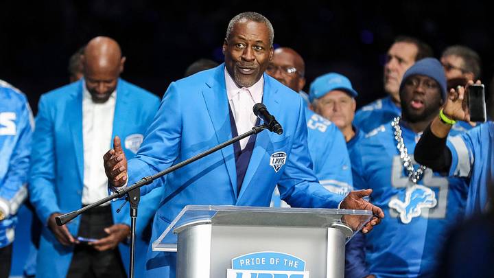 Lions legend Lomas Brown speaks during the Ring of Honor induction ceremony at halftime of the game between Detroit Lions and Las Vegas Raiders at Ford Field in Detroit on Monday, Oct. 30, 2023. Lions legend Lomas Brown speaks during the Ring of Honor induction ceremony at halftime of the game between Detroit Lions and Las Vegas Raiders at Ford Field in Detroit on Monday, Oct. 30, 2023.