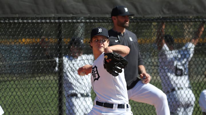 Detroit Tigers right handed pitching prospect Jackson Jobe throws during minor-league minicamp