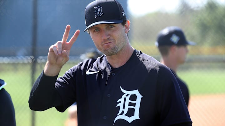 Detroit Tigers pitcher Casey Mize flashes the peace sign to the camera in Lakeland.