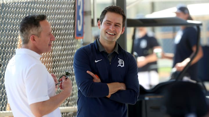 Detroit Tigers CEO and Chairman Chris Ilitch talks with players as President of Baseball Operations