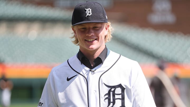 Tigers first-round draft pick Max Clark walks on the field before a game between Tigers and Padres