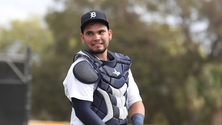 Detroit Tigers catching prospect Eliezer Alfonzo walks to the next drill during practice at the