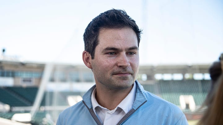 Detroit Tigers president of baseball operations Scott Harris speaks to media members during spring
