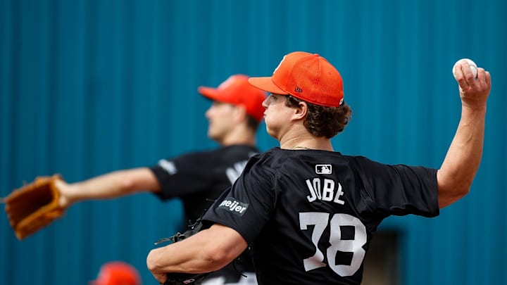 Detroit Tigers pitcher Jackson Jobe throws during spring training at TigerTown in Lakeland, Fla. on