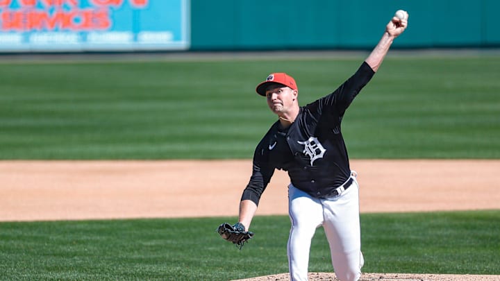 Detroit Tigers pitcher Tarik Skubal throws during spring training at TigerTown in Lakeland, Fla. on