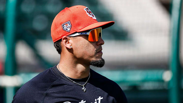 Detroit Tigers shortstop Javier Baez walks off the field after practice during spring training in Lakeland, Fla.
