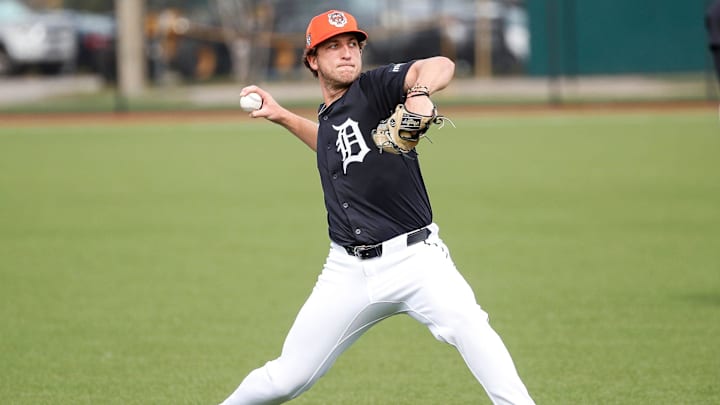 Detroit Tigers pitcher Beau Brieske practices during spring training at TigerTown in Lakeland, Fla.