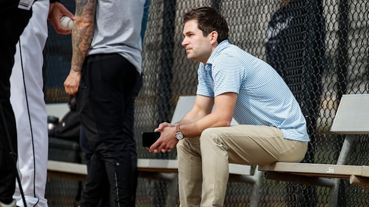 Detroit Tigers president for baseball operations Scott Harris watches practice during spring training at TigerTown in Lakeland, Fla. on Friday, Feb. 16, 2024.