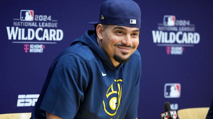 Milwaukee Brewers Willy Adames smiles as he answers questions during a press conference before the Tuesday Milwaukee Brewers National League Wild Card playoff series at American Family Field in Milwaukee on Monday, Sept. 30, 2024.