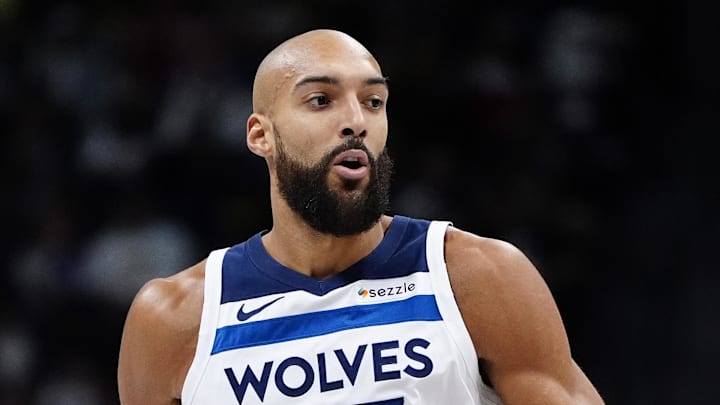 Dec 25, 2025; Denver, Colorado, USA; Minnesota Timberwolves center Rudy Gobert (27) during the first half at Ball Arena. Mandatory Credit: Ron Chenoy-Imagn Images