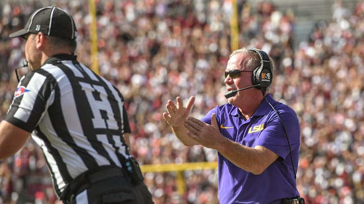 Louisiana State University Head Coach Brian Kelly calls a timeout playing South Carolina during the fourth quarter at Williams-Brice Stadium in Columbia, S.C. Saturday, September 14, 2024.