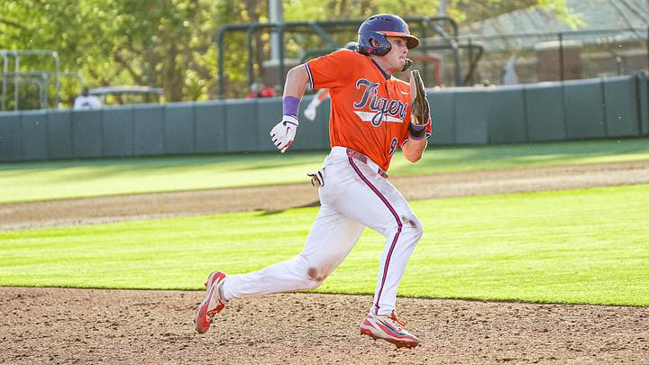 Clemson catcher Nate Savoie (99) rounds second base near University of North Carolina junior Gavin Gallaher (5) during the bottom of the third inning at Doug Kingsmore Stadium in Clemson, S.C. Friday, April 10, 2026. Clemson catcher Nate Savoie (99) rounds second base near University of North Carolina junior Gavin Gallaher (5) during the bottom of the third inning at Doug Kingsmore Stadium in Clemson, S.C. Friday, April 10, 2026.