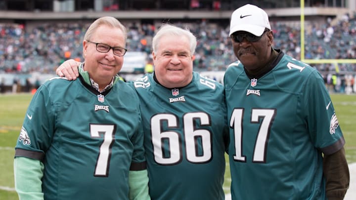 Nov 22, 2015; Philadelphia, PA, USA; Former Philadelphia Eagles greats Ron Jaworski (7) and Bill Bergey (66) and Harold Carmichael (17) prior to game against the Tampa Bay Buccaneers at Lincoln Financial Field. The Buccaneers won 45-17. Mandatory Credit: Bill Streicher-Imagn Images